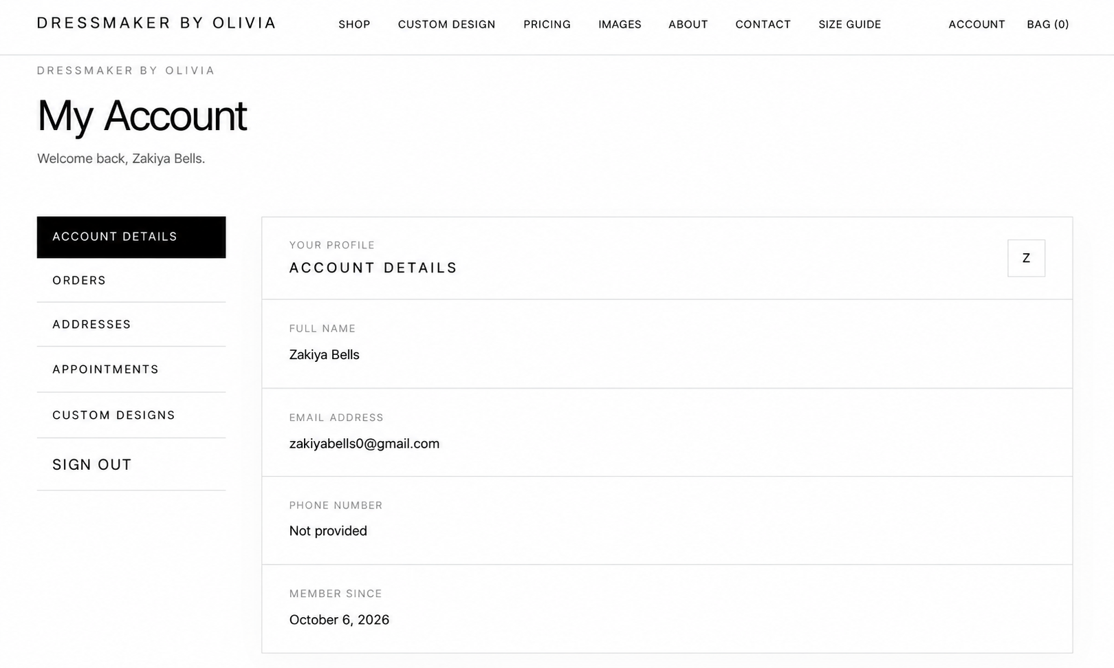 Dressmaker by Olivia dashboard